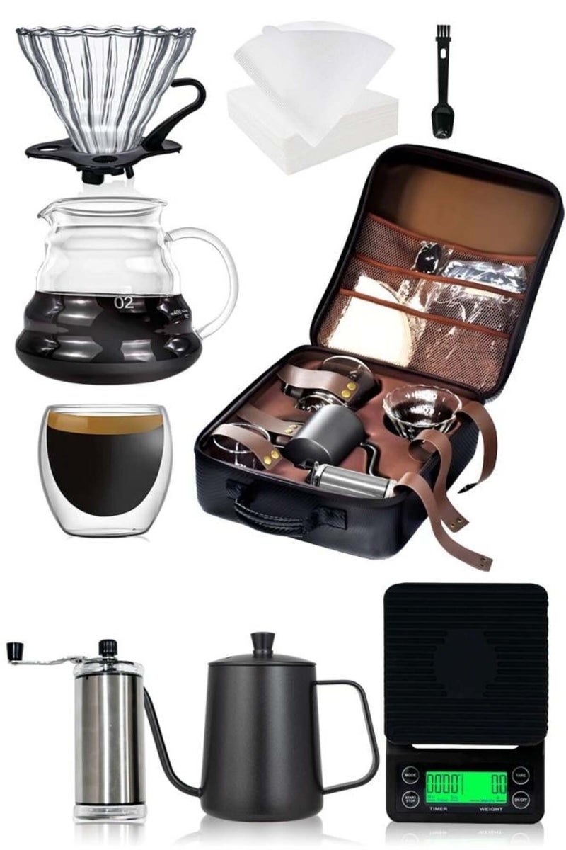 V60 Coffee Maker 8 pc Pour Over Coffee Set Drip Coffee Set Coffee Grinder, Coffee Kettle, V60 Coffee Dripper, Coffee Bag,V60 Coffee Server,V60 coffee filter Coffee Set Hand Drip Coffee Maker Pour Over Coffee Set Tools Kit Barista Travel Bag - Image 1